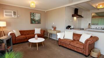 Smart TV, fireplace, books, stereo