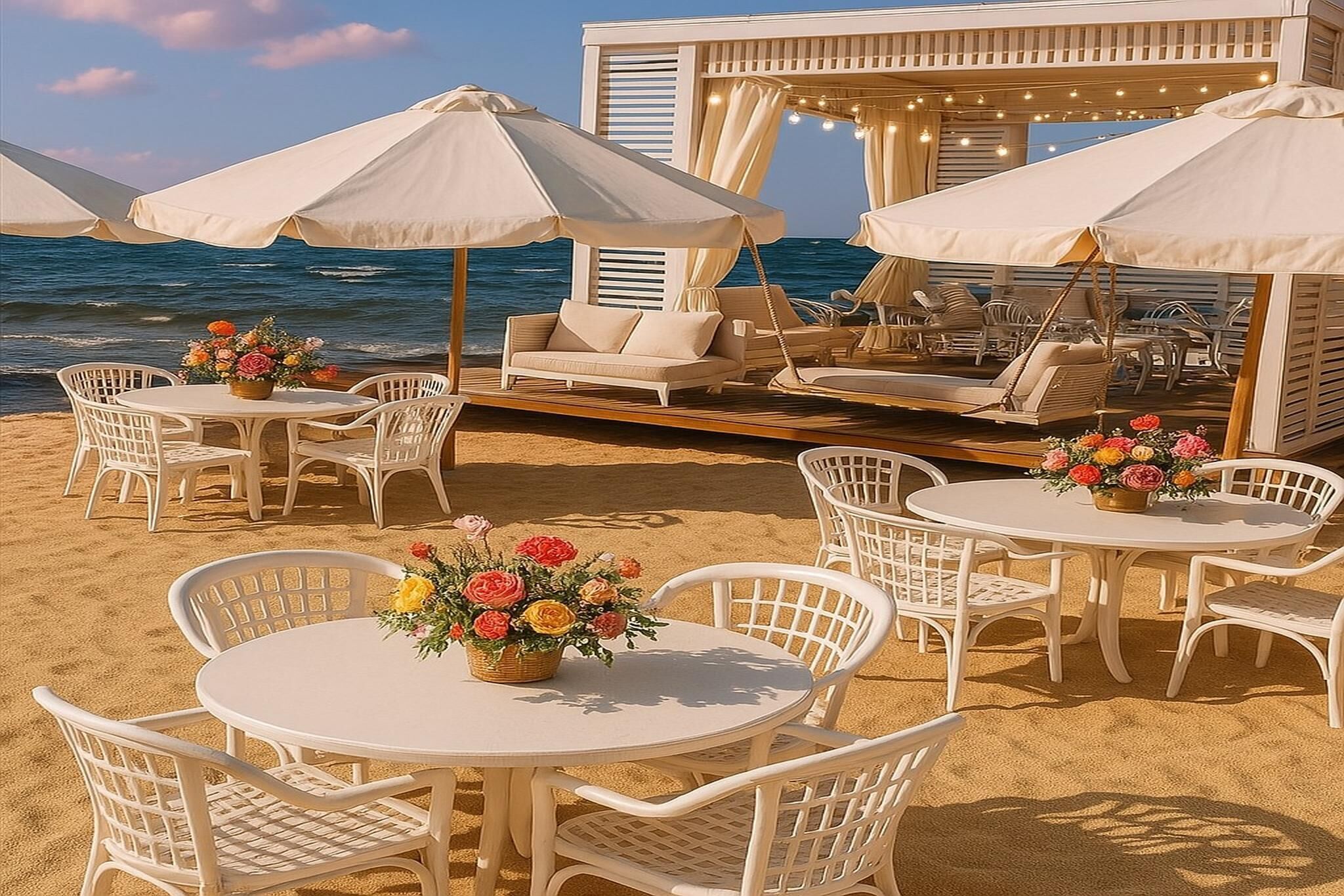 A beachside lounge with white wicker furniture, round tables with flower centerpieces, and large umbrellas providing shade.