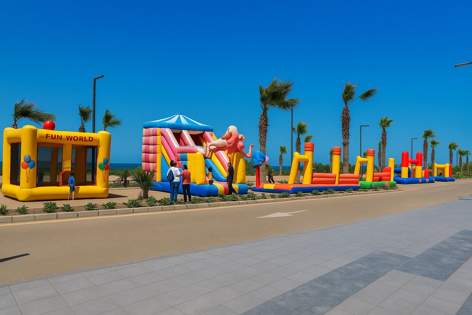 An inflatable play area with a 'Fun World' sign, including slides, climbing structures, and a tent.