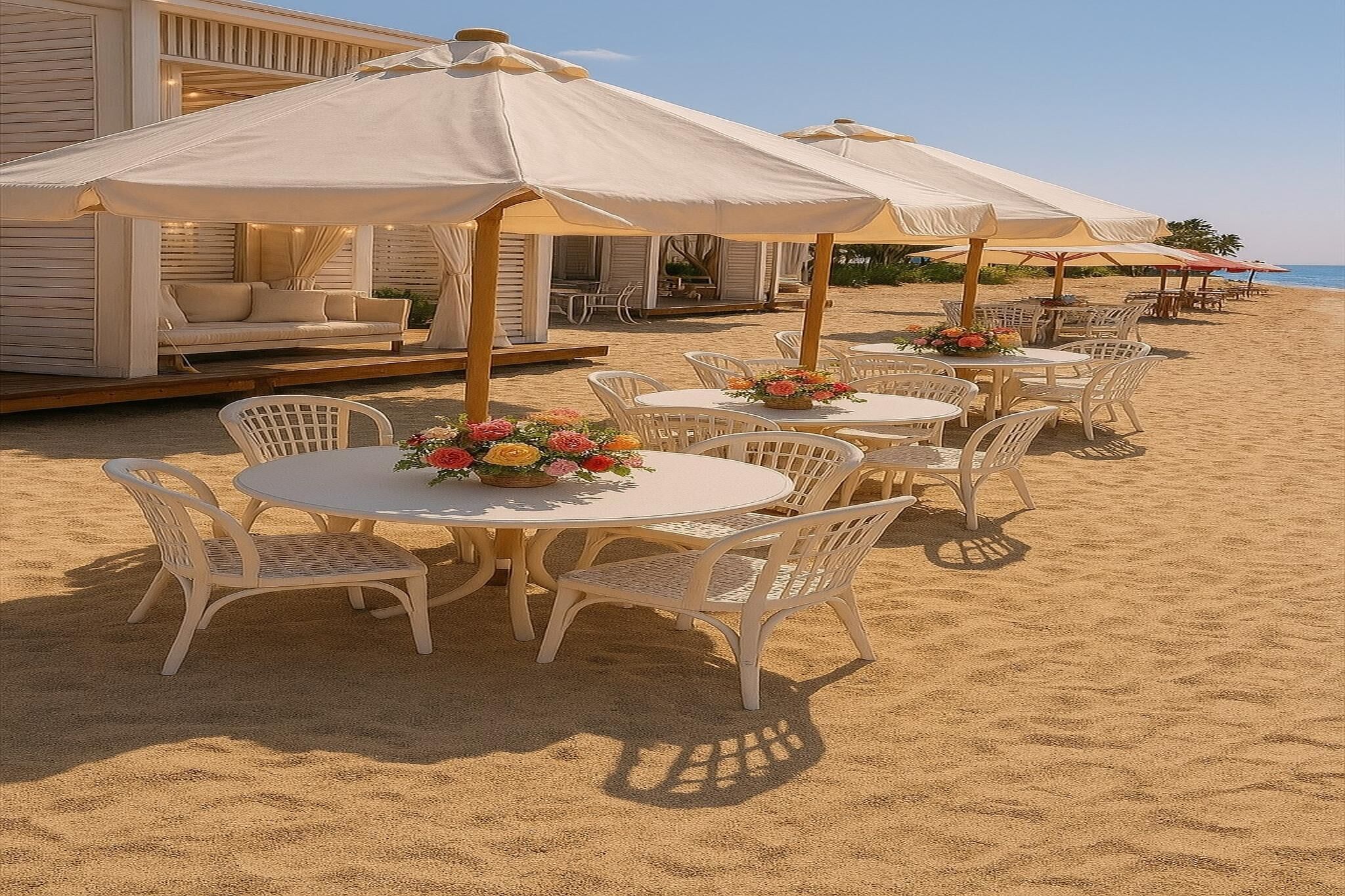 A beachside restaurant with outdoor seating, including round tables and white wicker chairs, under large umbrellas.