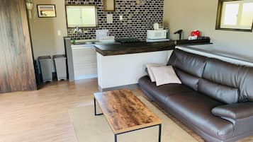 Apartament estàndard | Cuina privada | Frigorífic gran, microones, placa de cuina i bullidora elèctrica