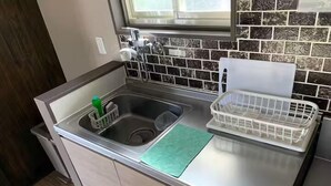 Una cocina con un fregadero de acero inoxidable, un escurreplatos y una alfombrilla verde en la encimera.