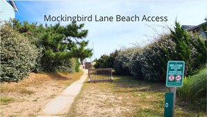 Uma trilha leva ao acesso à praia de Mockingbird Lane, com uma placa indicando acesso para moradores e hóspedes.