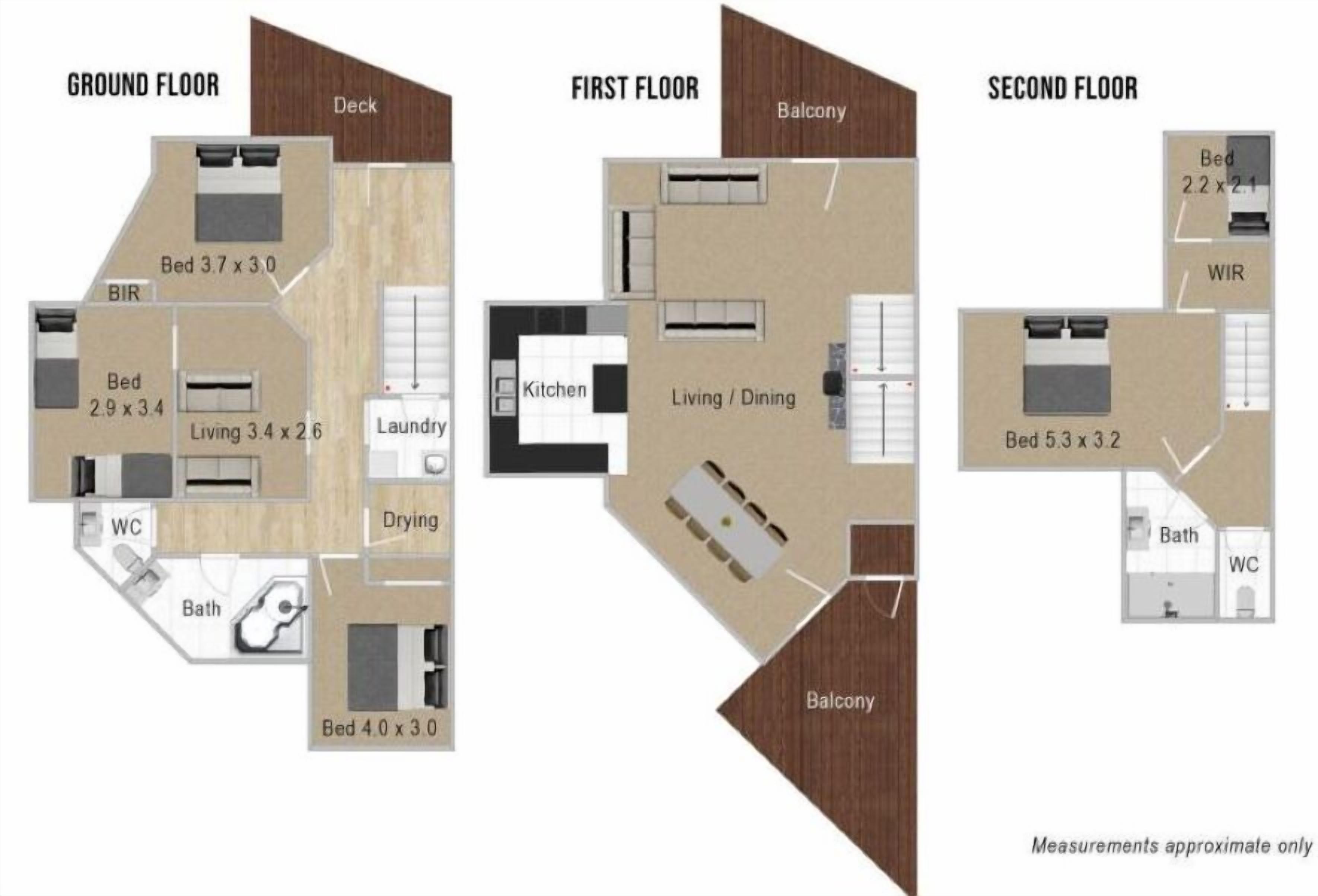 A 3-floor apartment layout with a balcony, kitchen, living/dining area, and multiple bedrooms.