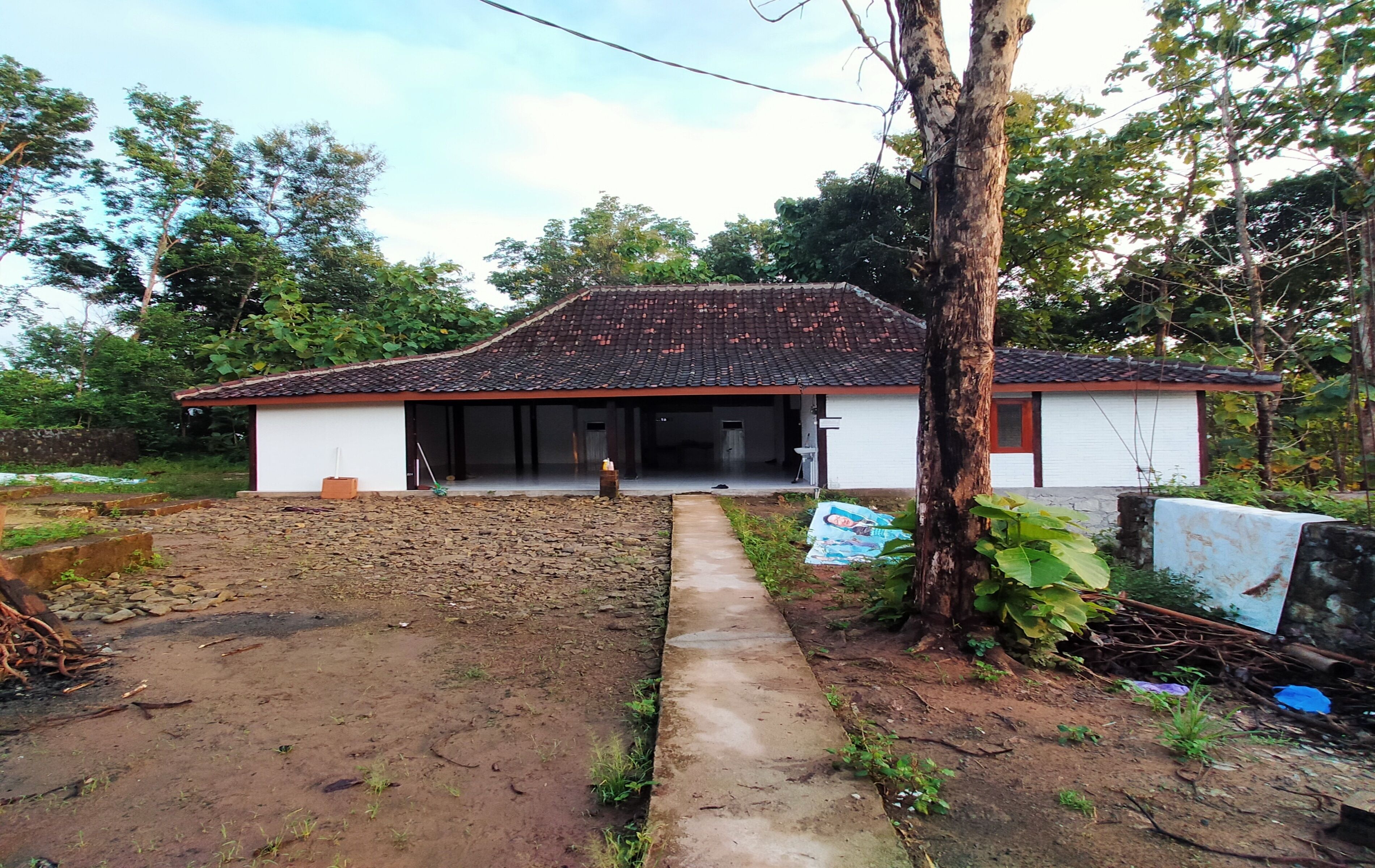 A single-story building with a tiled roof, a concrete pathway leading to the entrance, and a small garden area with a tree and some plants.