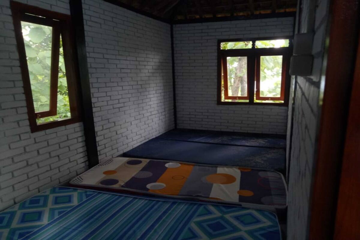 Une pièce aux murs en briques blanches, avec deux fenêtres, un lit recouvert d’une couvre-lit à motifs et un tapis bleu à motifs.