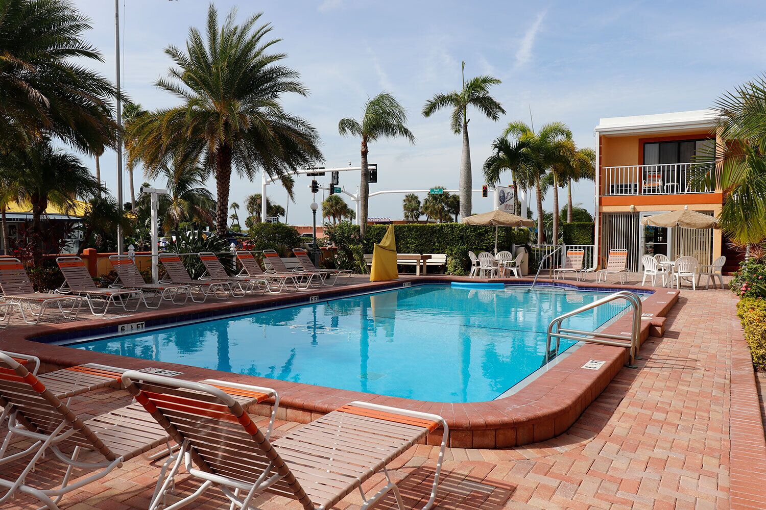Une piscine avec des chaises longues et des palmiers.