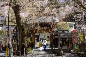 Ein traditionelles japanisches Tor mit einem steinbelagten Weg, der hindurchführt.