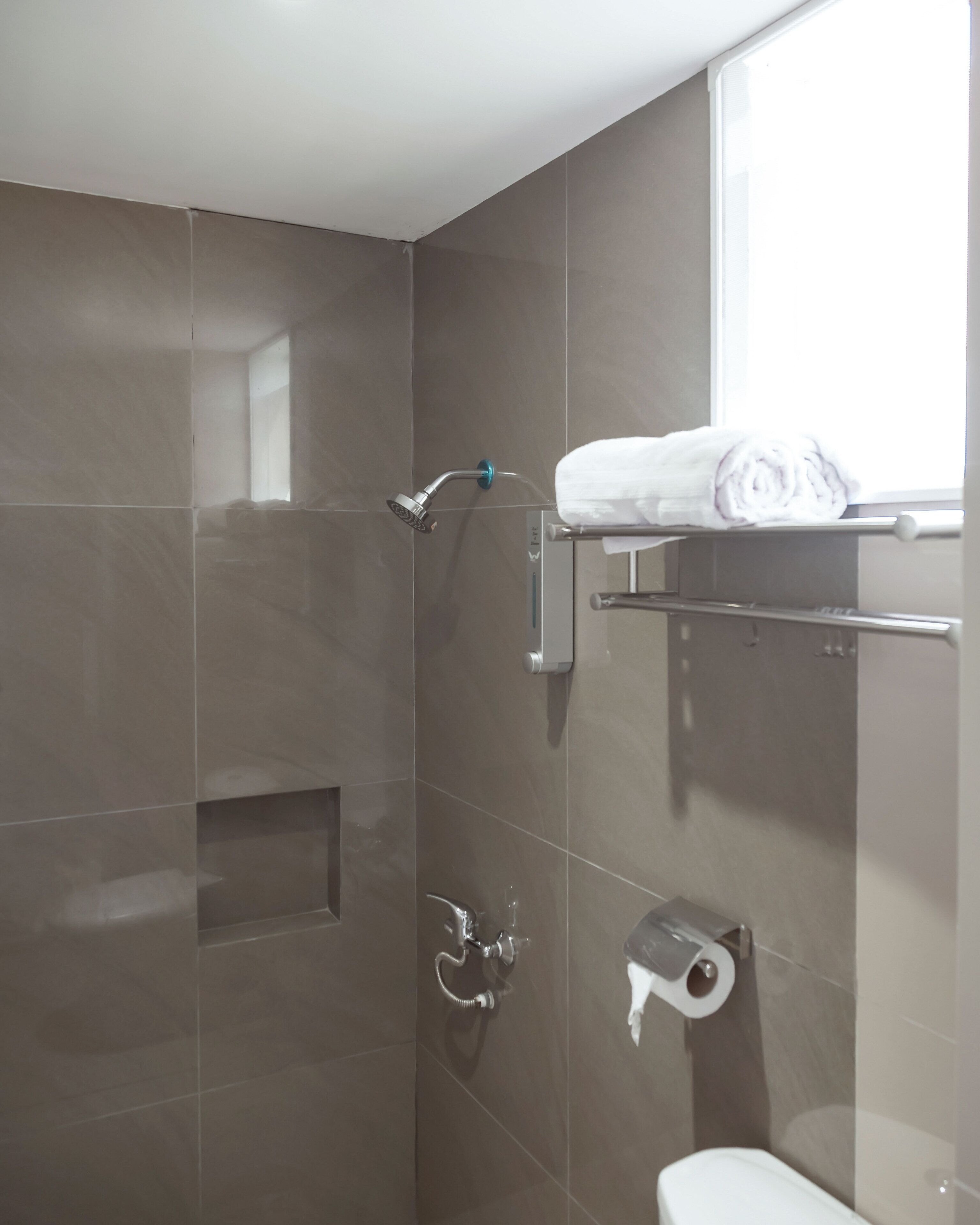 Een moderne badkamer met een douche, toilet en handdoekrek.