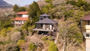 Propiedad en una ladera con dos casas, una con techo rojo y otra con techo oscuro, rodeada de árboles frondosos y una montaña al fondo.