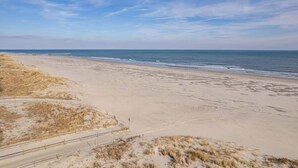 Una spiaggia con una battigia sabbiosa, un molo in legno e vegetazione rada.