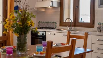 Jääkaappi, uuni, liesi, keittoastiat/astiat/ruokailuvälineet