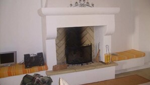 Ein Wohnzimmer mit Kamin, Fernseher und einer Couch.