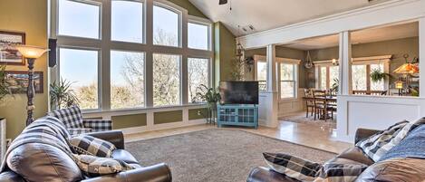 TV, fireplace, video-game console, books