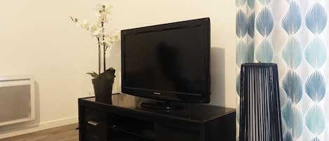 Un mueble multimedia negro con un televisor de pantalla plana, una planta en maceta y una lámpara alta de color negro.
