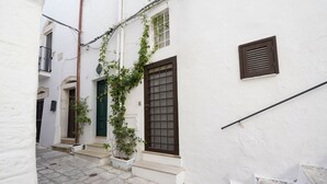 A narrow street with white buildings, a green door, and a window with a brown shutter.