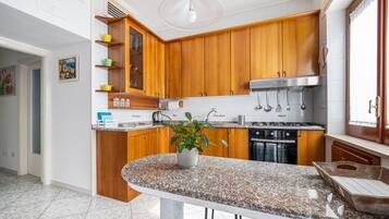 Panoramic Apartment | Private kitchen | Full-sized fridge, microwave, oven, stovetop