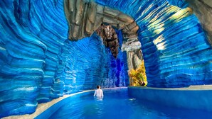 A person in a pool with a blue, rocky ceiling and a plant on the right. - Grande Centre Point Space Pattaya (Pattaya)