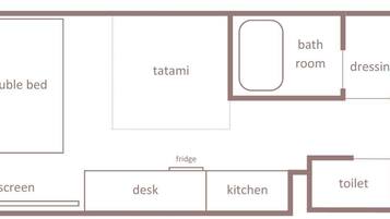 A floor plan with a double bed, tatami, bathroom, dressing room, screen, desk, kitchen, fridge, and toilet.