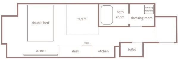 A floor plan with a double bed, tatami, bathroom, dressing room, screen, desk, kitchen, fridge, and toilet. - Minn Shin-Osaka (Osaka)
