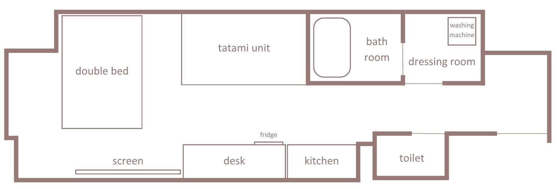 A floor plan with a double bed, tatami unit, bathroom, dressing room, screen, desk, kitchen, toilet, and a washing machine.