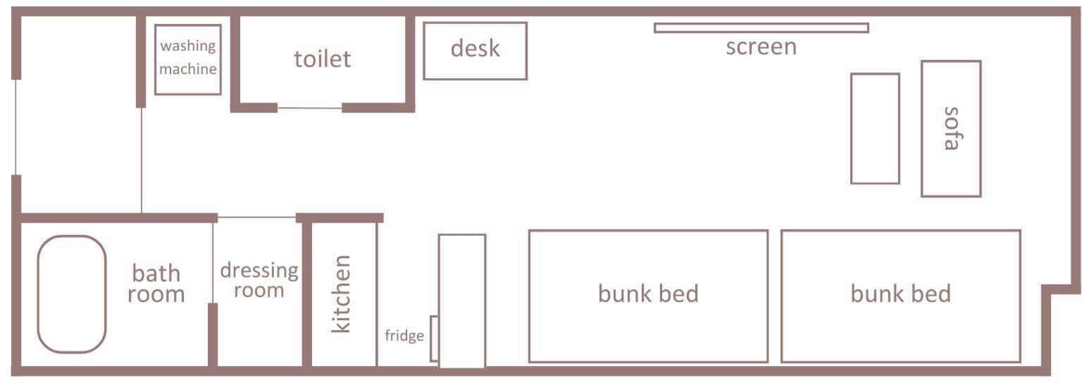 Un plan d’étage comprenant une salle de bain, des toilettes, un lave-linge, un bureau, un écran, un canapé, un dressing, une cuisine, un réfrigérateur et deux lits superposés.