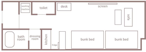 A floor plan with a bathroom, toilet, washing machine, desk, screen, sofa, dressing room, kitchen, fridge, and two bunk beds. - Minn Shin-Osaka (Osaka)