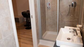 A modern bathroom with a glass-enclosed shower, a sink with a mirror, and a wooden floor.