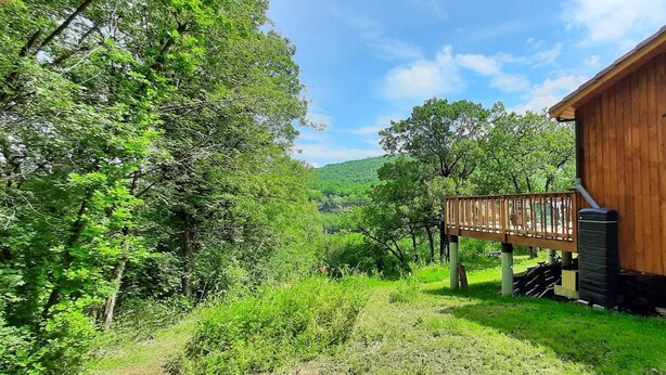 Una cabaña de madera con un balcón que da a un exuberante paisaje verde.