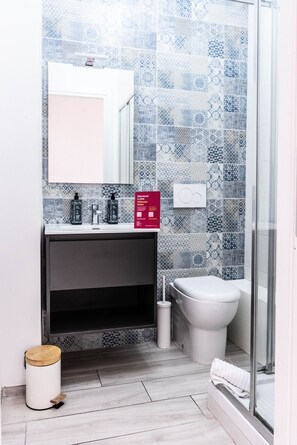 Shower, hair dryer, bidet, towels