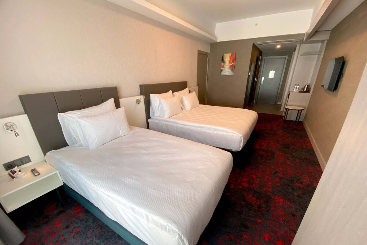 A hotel room with two beds, a nightstand, a TV, and a red carpeted floor.