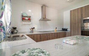 Een koelkast, een oven, een kookplaat, een vaatwasser