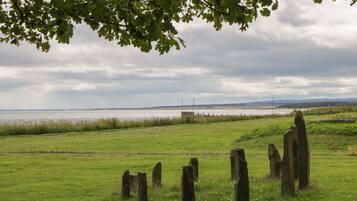 A grassy field with standing stones and a body of water in the background.