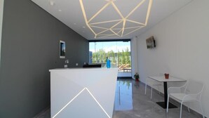 Una zona d'entrada moderna amb una làmpada geomètrica, un taulell de recepció i una zona de seients amb vista a l'exterior.
