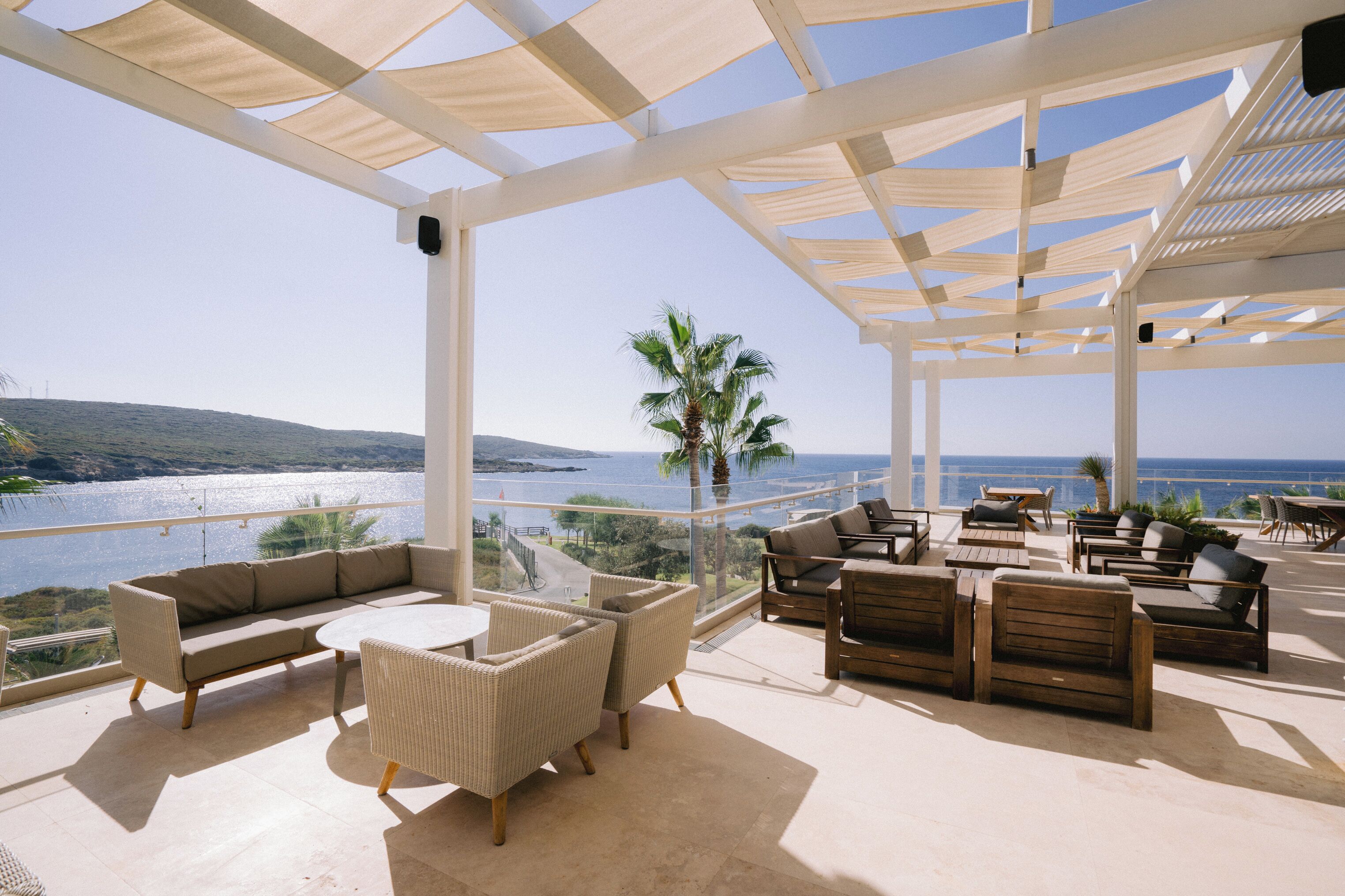 Frühstück, Mittagessen, Abendessen, Blick auf den Strand 