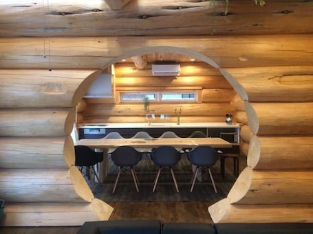 Dining. Opened in May 2021Yellow cedar Canadian loghouse / Kitasaku-gun Nagano