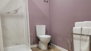 A bathroom with a shower, toilet, and a towel rack. - 1 bedroom apartment São Gião 10 in Tomar (Tomar)