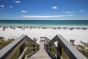 A wooden staircase leading to a beach with white sand and clear blue water. - GULF FRONT, PRIVATE POOL, PRIVATE BEACH BOARD WALK (Santa Rosa Beach)