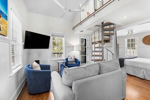 TV, fireplace, books