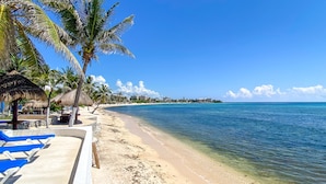 A beach with clear blue water, palm trees, and a sandy shore. - Beach-Level Escape Featuring a New Private Plunge Pool and Ocean Views! (Akumal)