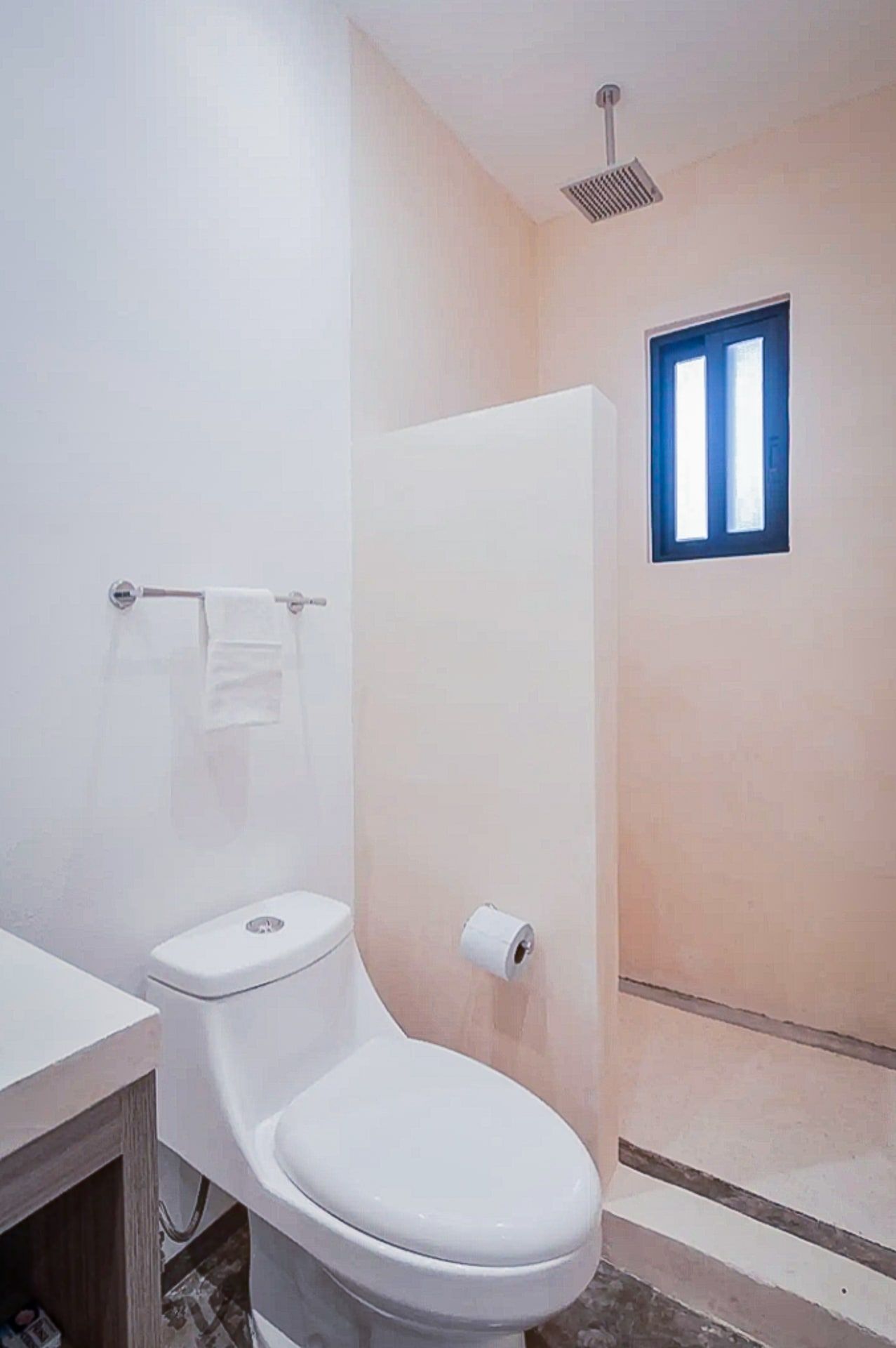 Un baño con inodoro, toallero y cabina de ducha.