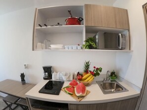 Réfrigérateur, micro-ondes, plaque de cuisson, cafetière/bouilloire