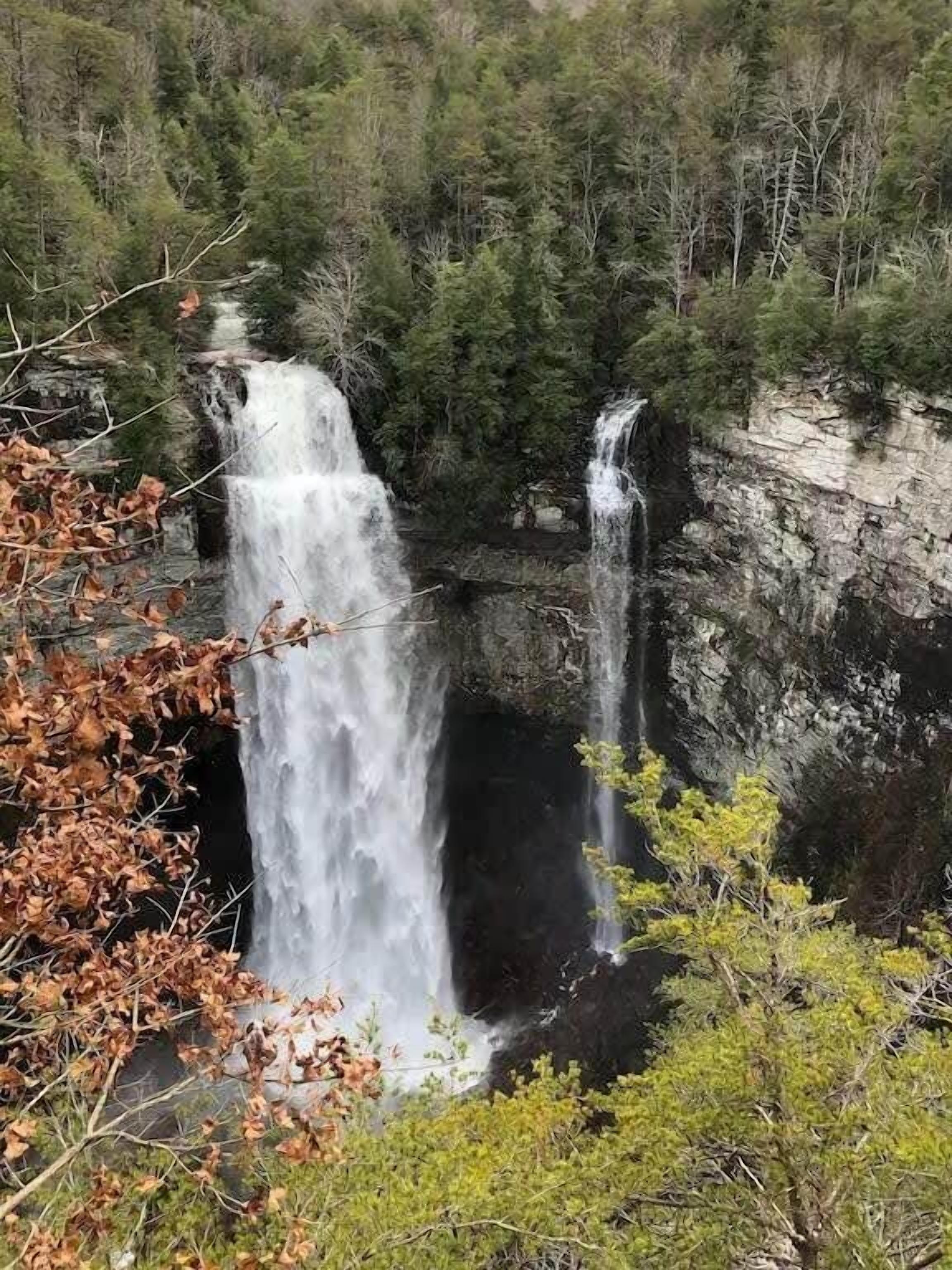 A waterfall cascading over a rocky cliff surrounded by dense forest.