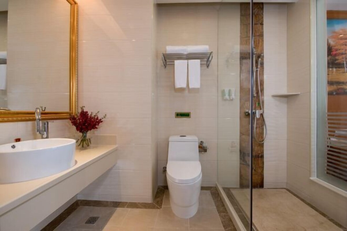 A modern bathroom with a large sink, toilet, and glass-enclosed shower.