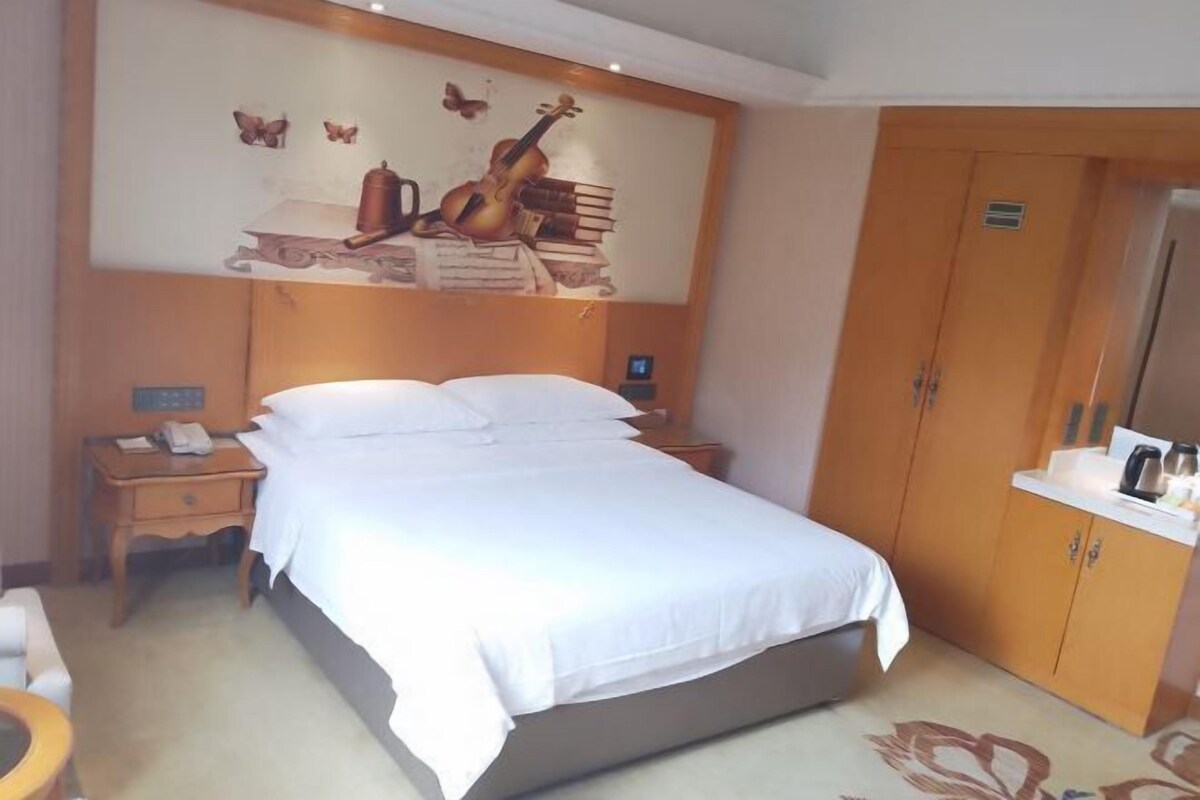 A hotel room with a bed, a nightstand, a wardrobe, and a wall with a violin and books.