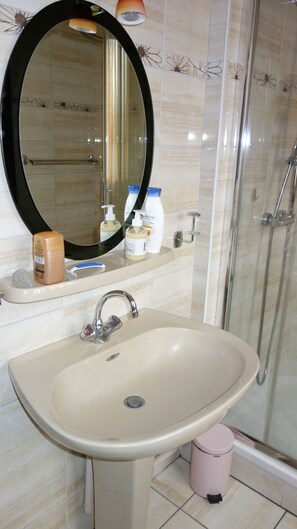 Dusche, Haartrockner, Seife, Toilettenpapier