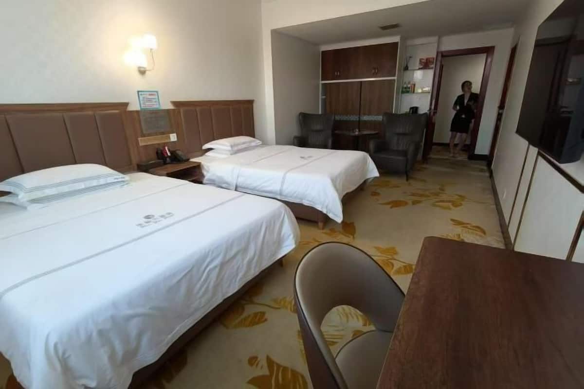 Una habitación de hotel con dos camas, un escritorio, una silla, un armario y un televisor.