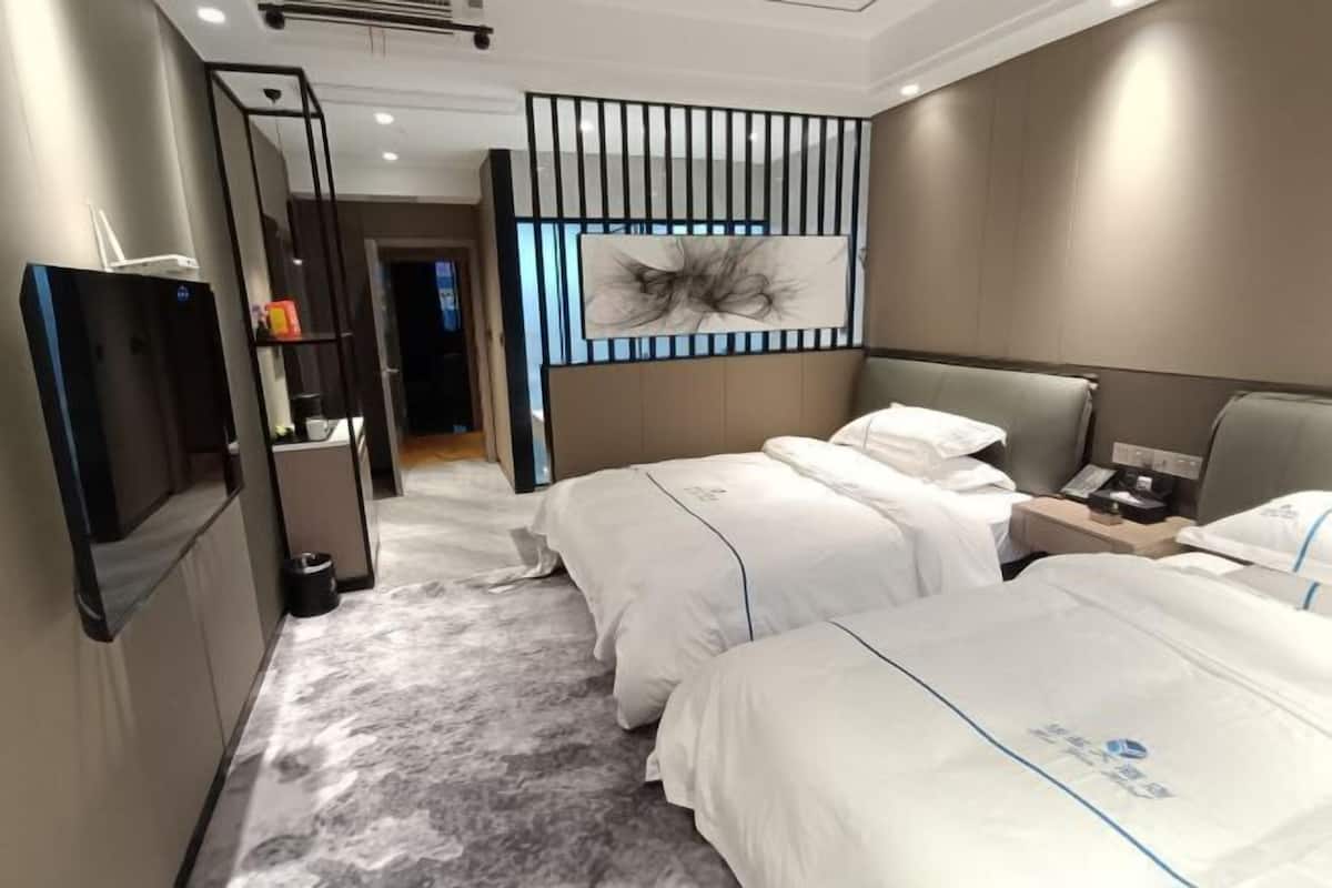 Habitación de hotel con dos camas, un escritorio, una silla, un televisor y un adorno en la pared.