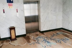 Un ascensor con pared de mármol y alfombra estampada.