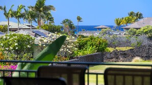 A resort with a view of the ocean, palm trees, and a stone wall.